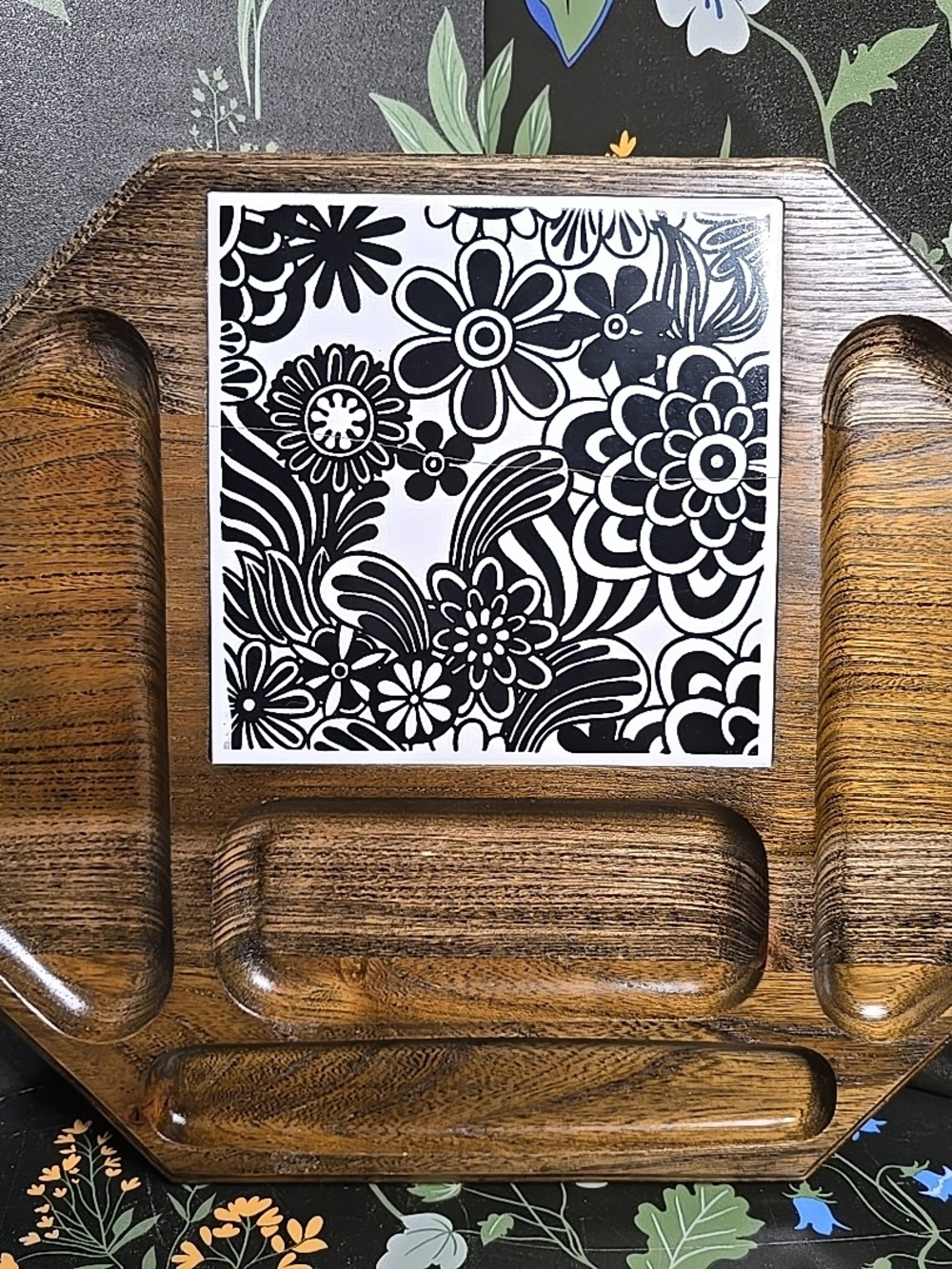 Vintage 1970s Wooden Serving Tray with Black & White Floral Tile